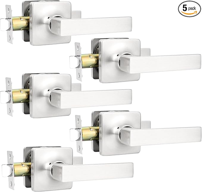 GOBEKOR 5 Pack Brushed Nickel Passage Door Levers Interior Door Handles for Hallway Square Closet Door Lock Keyless Straight Lever Door Handles