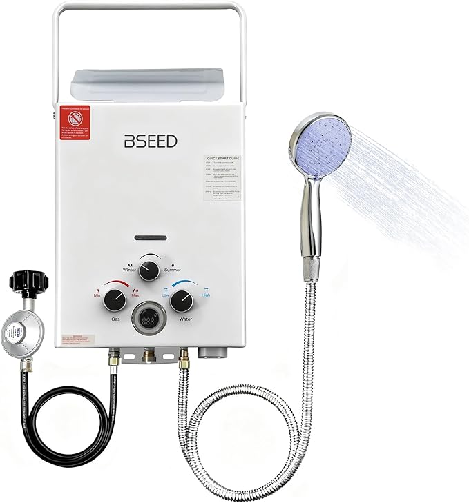 BSEED Propane Water Heater Tankless, 41,000 BTU, 1.58GPM 6L Outdoor Propane Gas Water Heater with Digital Display and Multi-Protection for Camping, RV, Boat, Cabins, White