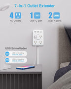 Flat Multi Plug Extender with 3 USB Wall Charger(1 Type C), 4 Outlet Wall Adapter, 4 ft Thin Extension Cord, Flat Plug Surge Protector Power Strip for Home, Office, College Dorm. White
