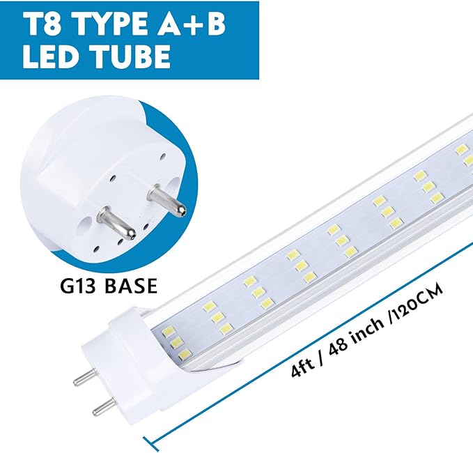 12 Pack, 4FT LED T8 Type A+B Tube Lights, 30W(80W Equivalent), 4000LM, 6000K, Clear Cover, Single or Double End Powered, Ballast Bypass, 4 Foot T10 T12 Fluorescent Bulbs Replacement