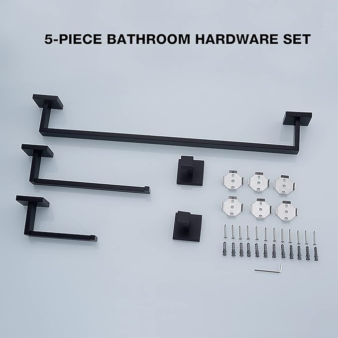 TRUSTMI Black Bathroom Hardware Set Contemporary 5-Pieces Wall Mounted Towel Bar Set, Stainless Steel Square Shaped Bathroom Hardware Accessories, Matte Black