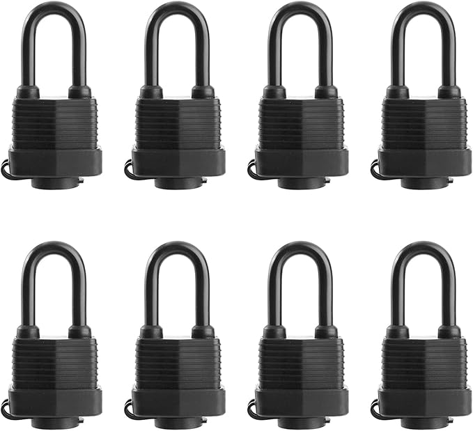 Waterproof Padlocks Keyed Alike for Outdoor use, Covered Heavy Duty Laminated Steel Lock, 1-9/16 Inch. Wide, Long Padlock, Pack of 8