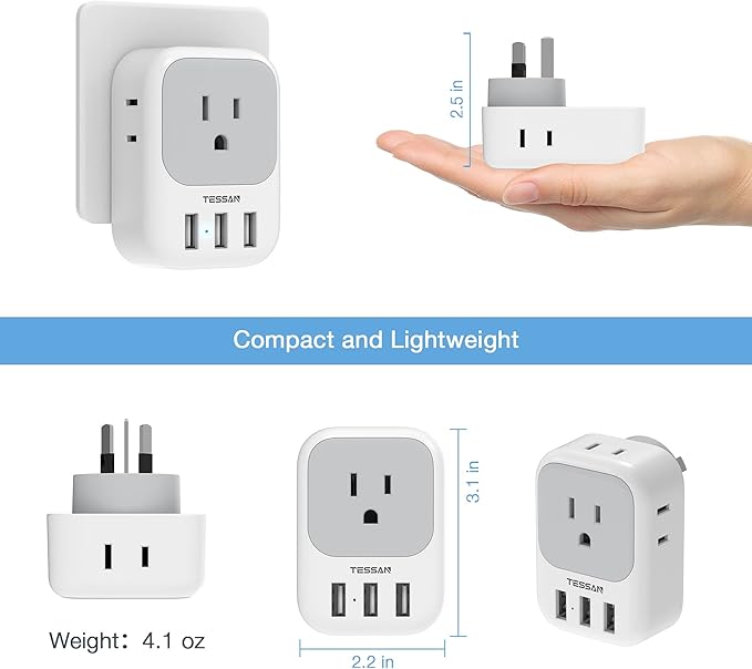 TESSAN Australia Power Plug Adapter, US to New Zealand Power Adapter with 4 American Outlets 3 USB Charger, Type I Travel Adaptor for USA to Australian, China, AU, Argentina, Fiji, Cook Islands, Samoa
