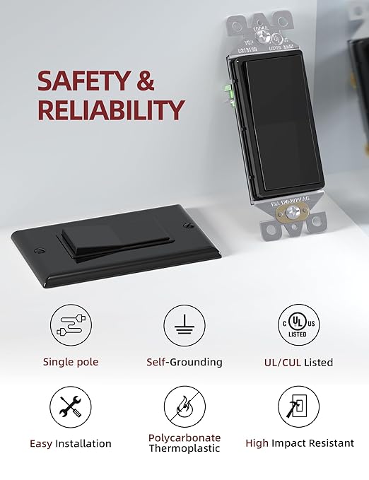 AIDA Single Pole Rocker Decorator Light Switch, 15 Amp Self-grounding Electrical Light Switches, Wall Plate Included, Residential Grade, UL Listed (20 Pack, Glossy Black)