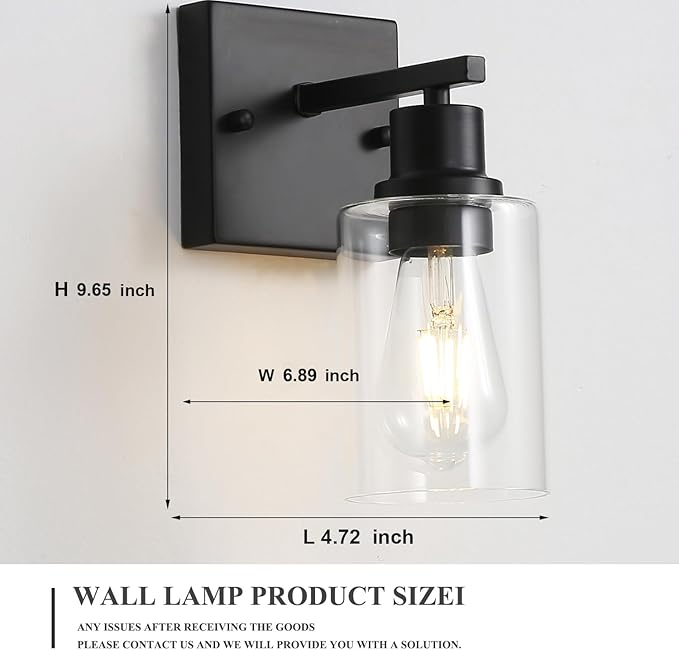 EMONG Single Lights Bathroom Light Fixtures, Matte Black Vanity Light with Glass Shade, Modern Wall Sconces Lighting for Bathroom,Mirror,Farmhouse,Hallway