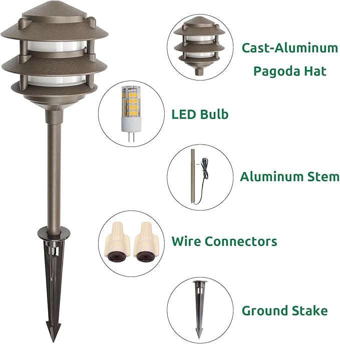 Lumina Lighting® Low Voltage Landscape Lighting Cast-Aluminum Pagoda Path and Area Light Warm White 4W G4 LED Bulb and ABS Ground Stake Included for Yard Walkway Lawn PAL0103-BZLED4 (Bronze, 4-Pack)