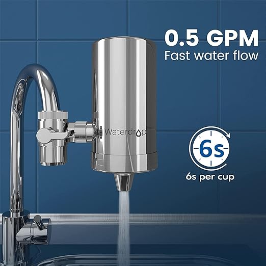 Waterdrop Water Filter for Sink Faucet, 360° Rotating Stainless Steel, NSF Certified Water Purifier for Kitchen Sink, 12 Months Long Lasting Tap Water Filter, Reduce Chlorine, 4 Filters