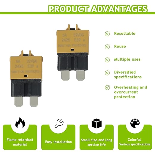 5A DC 12V-32V Manual Reset Circuit Breaker ATC/ATO Low Profile T3 Mini Blade Fuses Breakers for Car Trucks Marine Boat RV Solar and More,2 Pack