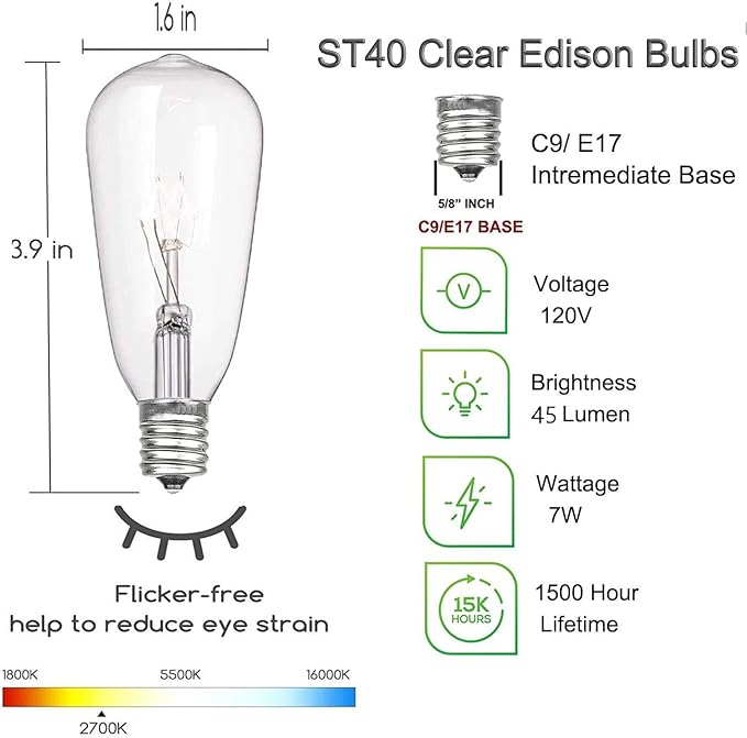10-Pack Edison Replacement Light Bulbs, 7W E17 Screw Base ST40 Replacement Clear Glass Light Bulbs for Outdoor Patio ST40 String Lights, Warm White