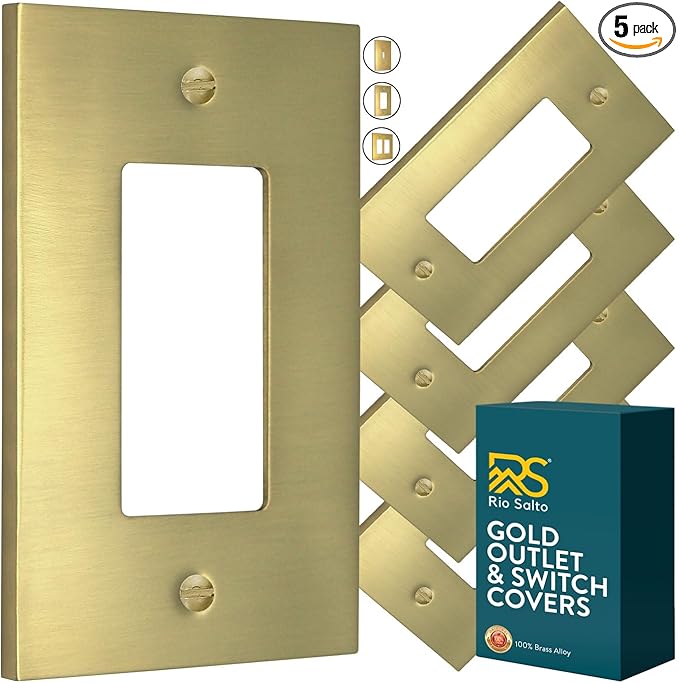 Rio Salto Modern Edge Metal BrassGold Wall Outlet Cover or Light Switch Cover Rocker Decora Switch Covers Decorator Plug Wall Plate Electric Outlet Covers Receptacle - Midsize 1 Gang 5-Pack