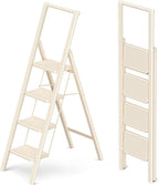 GameGem 4 Step Ladder Folding Step Stool, Foldable Ladder with Ergonomic Heightened Top Grip, Tall Step Ladder with Widened Anti-Slip Pedal for Closet, 330Lbs Load, Fold Thin and Tight, Cream White