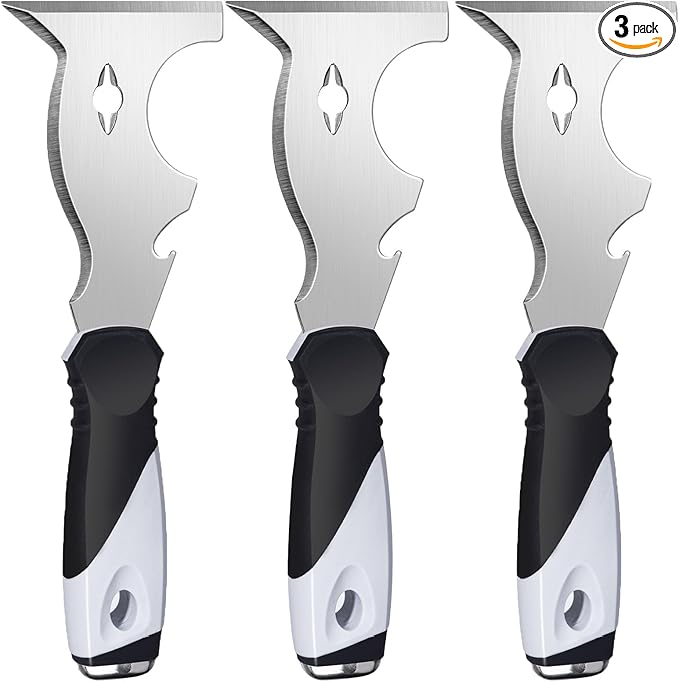 Mister Rui Paint Scraper, 3 Pack Multi Use Paint Tools Putty Knife 10 in 1, Paint Scraper Tools for Painting, Metal Scraper with Hammer End, Taping Knife, Spackle Tool