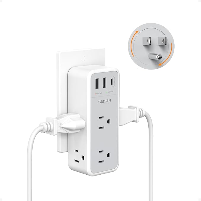 Multi Plug Wall Outlet Splitter with 360 Rotating Plug, TESSAN 1800J Surge Protector Outlet Extender with 6 AC and 3 USB Ports (1 USB C), 1875W, 3 Sided Plug Expander for Home Office Dorm Room