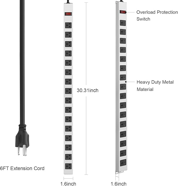 JUNNUJ Metal 16 Outlet Power Strip, Mountable Heavy Duty Power Strip, 1200J Surge Protector Wall Mount Screws Outlet with Switch, Gaming Desk Strips Wide Spaced 15A 125V 1875W, 6 FT 14AWG Power Cord