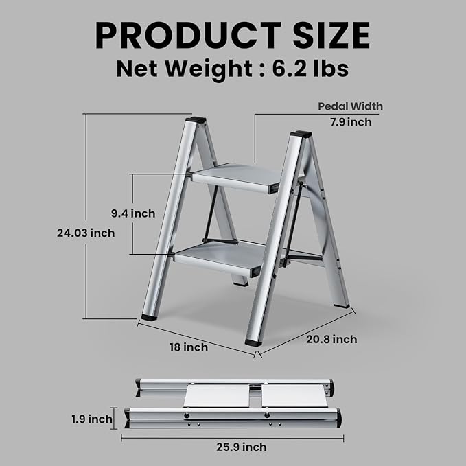 HillhutApex 2 Step Stool, Aluminum Foldable Step Ladder, Lightweight Stable Stool with Wide Non-Slip Pedals, 330lbs Bearing Capacity Ladder for Office,Home,Kitchen - Silver