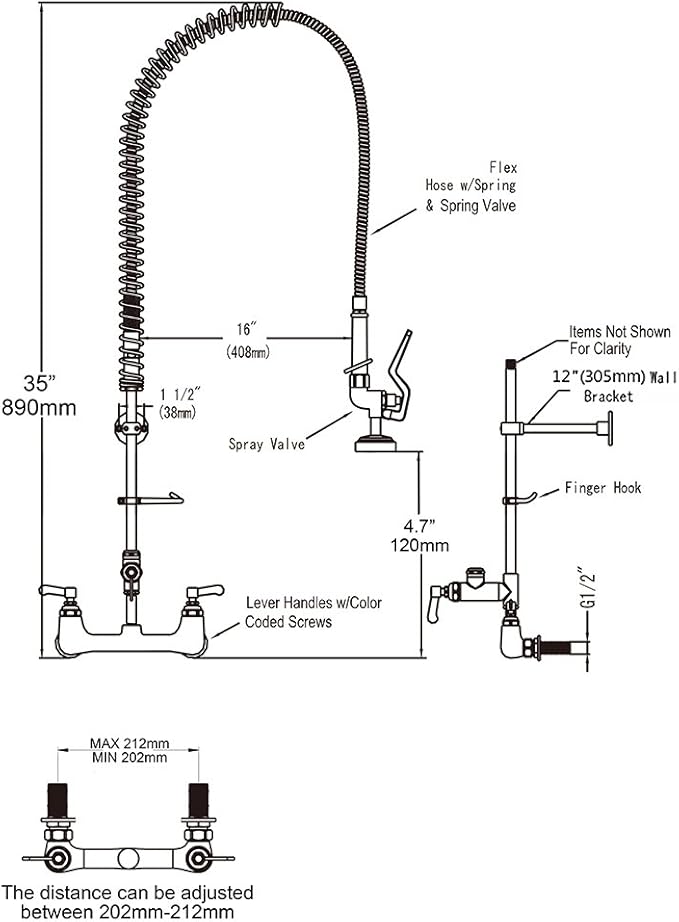 Commercial Sink Faucet with Sprayer 36 inch Commercial Faucet Pre Rinse Sprayer 8 inch Wall Mount Center with 12 inch Add on Spout