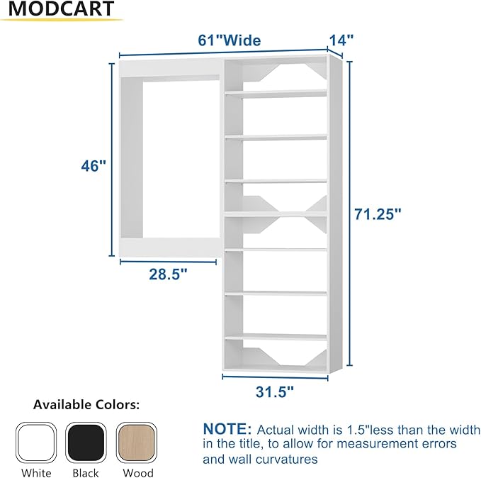 Modular Closet System, 61" Wide Closet Organizer System with Towers and Hanging, Wood Closet Tower Storage for Walk In Closets, Wall Mounted Wardrobe Organizer Kit System, Bedroom, White
