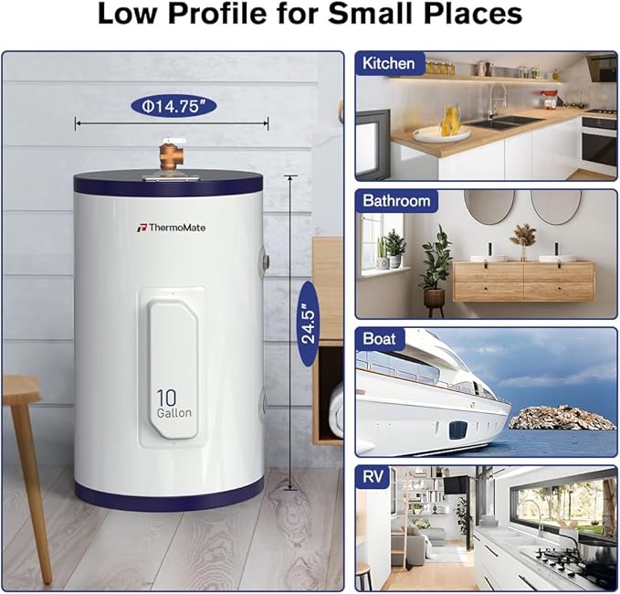 Thermomate Tank Water Heater - 10 Gallon Point of Use Hot Water Heater, 120V 1500W, Adjustable Thermostat, UL Listed (ES1000)