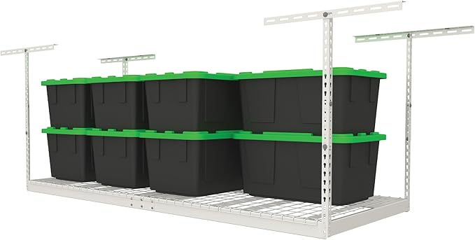 MonsterRax Overhead Garage Storage Racks 3x8’ Ceiling Mounted Shelving, Adjustable Hanging Organizer, Heavy Duty Steel, Holds 500 Pounds, Color: White, Adjustable from 24"-45" off the Ceiling