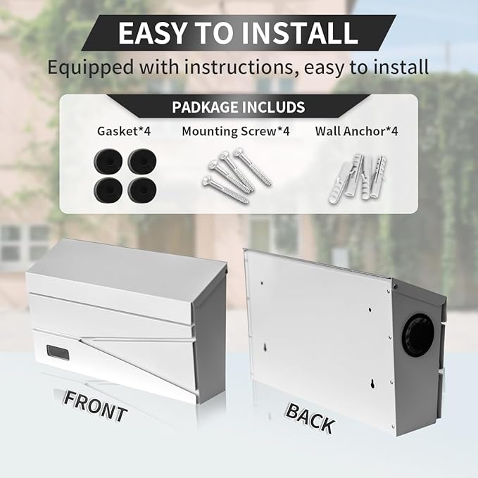 Wall Mount Mailbox, Large Capacity Mailbox for House, Visibility Galvanized Steel Rust-Proof Metal Post Box Drop, Mailboxes for Outside, 15.74"×9.84"×4.33" Solar Lanterns White