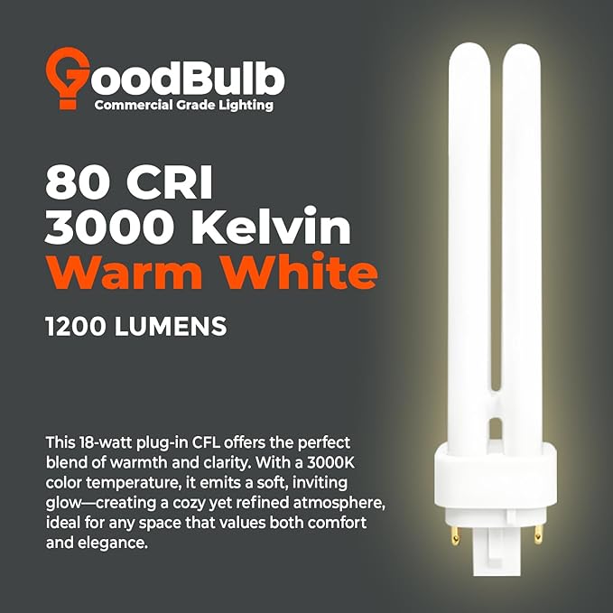 GoodBulb 18 Watt CFL Light Bulbs | 4 Pin G24Q-2 Base 3000K Warm White | 18W High Output 1200 Lumens | Double Tube Compact Fluorescent Light Bulbs Plug-in | 10 Pack