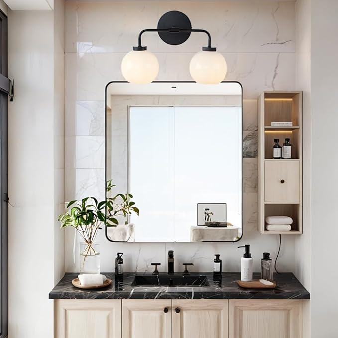 Minimalist Matte Black Metal Finish Glass Globe Double Wall Sconce, 17 Inch Hand-Polished Vanity Light with Milky Glass Shade Over Mirror, Wall Light for Hallway, Bathroom (Milk Glass-Matte Black)