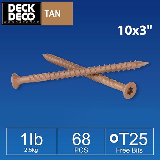 Wood Screws #10 x 3, Tan Ruspert Coating Exterior Deck Screws, Torx/Star Drive Flat Head,Twist Shank, Cut Tip/Thread, Bit Included, 1 lb/Box