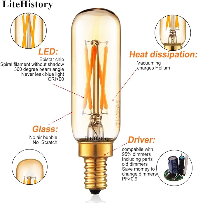 LiteHistory Dimmable T6 led Bulb 40W Candelabra led 2200K Amber 250lm 4W e12 T25 led Bulb 6Pack