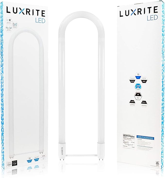 LUXRITE U Bend LED Tube Light, T8 T12, 18W (32W Equivalent), 3000K Soft White, 2000 Lumens, Fluorescent Light Tube Replacement, Direct or Ballast Bypass, DLC and ETL Listed, G13 Base (2 Pack)