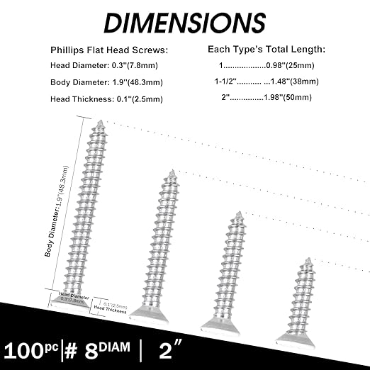White Head 100 PCS #8X2 Stainless Steel Phillips Flat Head Wood Screws,Stainless Steel 18-8 A2(304) Screw,Home Screw Kit by QISHENG