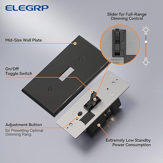 ELEGRP Digital Toggle Dimmer Switch for Dimmable LED, CFL and Incandescent Light Bulbs, Single Pole or 3-Way Toggle LED Dimmer Light Switch, Wall Plate Included, UL Listed, 1 Pack, Black