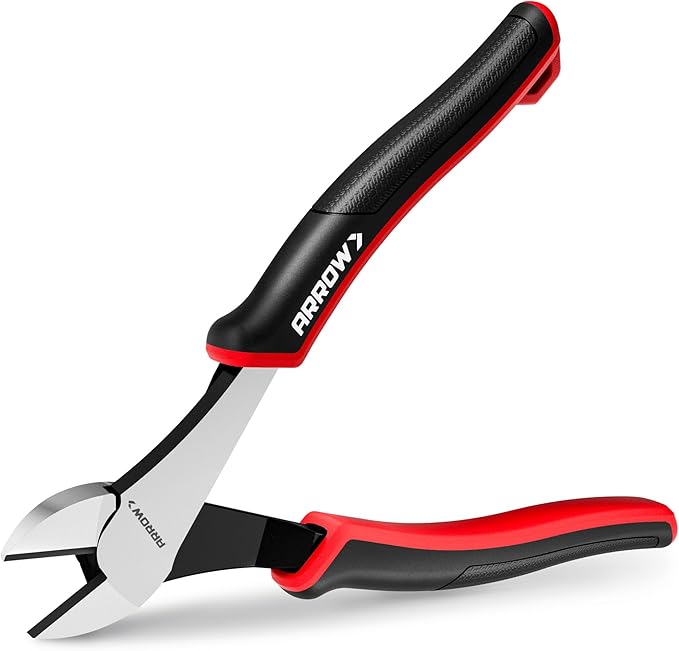 ARROW High Leverage Diagonal Pliers, 8 Inch Wire Cutters with Comfortable TPR Handle, High Carbon Steel Side Cutters for Cutting Wire
