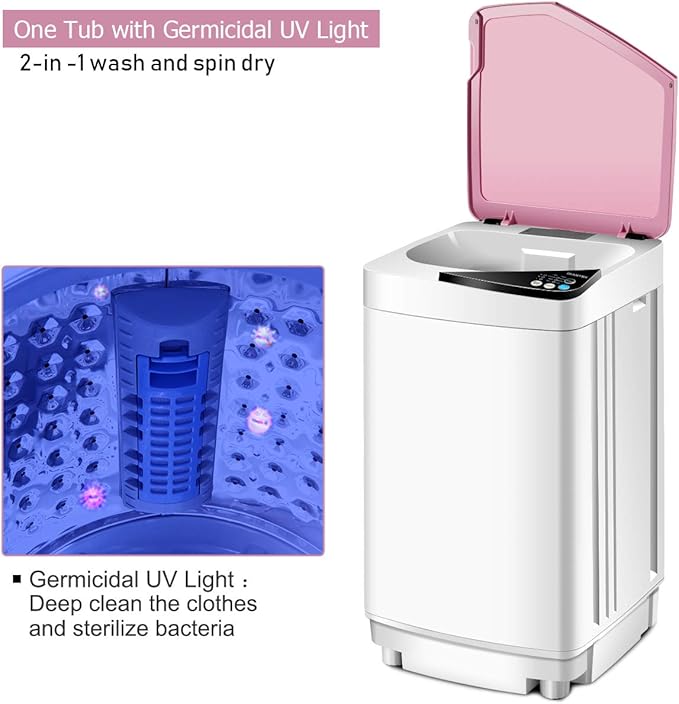Waterjoy Portable Washing Machines, 7.7 lbs Load Capacity Portable Washer and Dryer Combo with Built-in Barrel Light & LED Display for Household and Apartment （Pink）