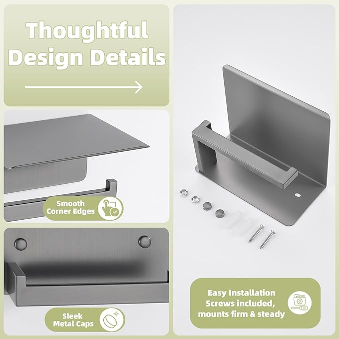 APLusee Toilet Paper Holder with Phone Shelf Gunmetal Gray, 304 Stainless Steel Rustproof Wall Mounted Heavy-Duty, Space-Saving for Modern Bathrooms