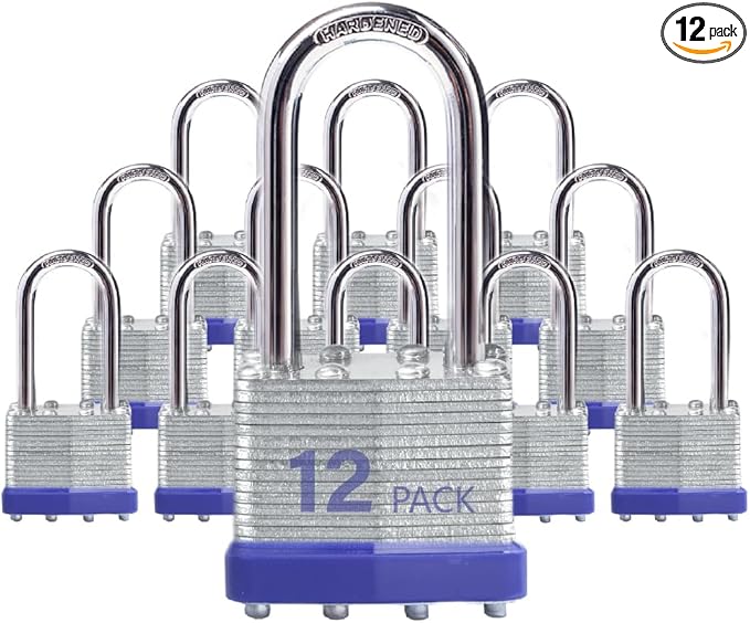 Laminated Steel Keyed Padlocks, 12 Pack, Blue, Keyed Alike, Long Shackle, 1-9/16" (40mm), For Hasp Latch, Sheds, Fences, Storage Locker, School, Gym