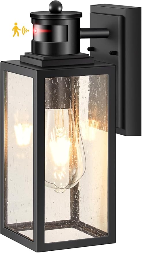 VIANIS Exterior Wall Lights for House, Motion Sensor Porch Light Outside, Black Outdoor Sconce Lighting Fixtures Wall Mount, Modern Outdoor Wall Lantern Lamps with Seeded Tempered Glass for Garage
