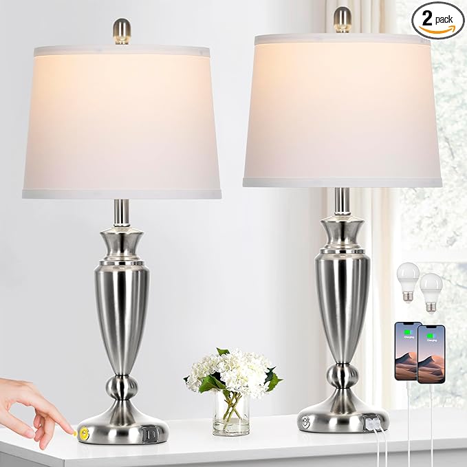 Metal Table Lamps Set of 2, 3 Way Touch Control Silver Bedside Lamps with USB A+C Ports, Modern Brushed Nickel Nightstand Lamps for Bedroom Living Room