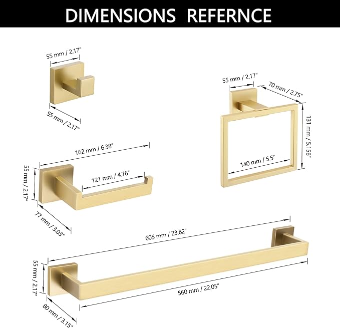 TNOMS Brushed Gold Towel Bar Set Bathroom Hardware Set, 5 Pieces Gold Bathroom Accessories Set Stainless Steel Wall Mounted Towel Holder for Bathroom 23.6in
