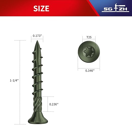 #8 x 1-1/4" Deck Screws (175Pcs) 1lb. Carbon Steel, Green, Flat Head, Rust Resistant epoxy Coated, with T25 Star Bit