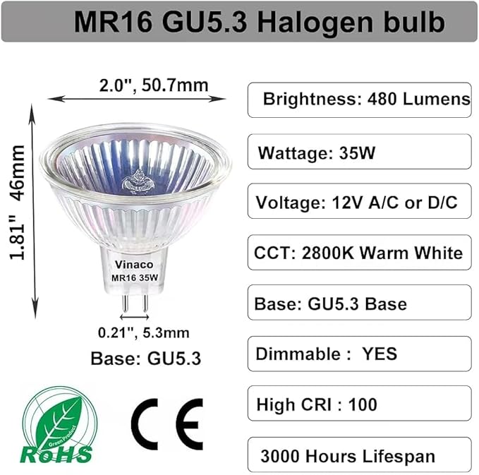 Vinaco MR16 Bulb,10 Pack 35W GU5.3 Base, 480LM High Output 12V 35W Bulb, 2800K Warm White MR16 Dimmable with Clear Glass Cover, MR16 GU5.3 for Landscape, Track Lights