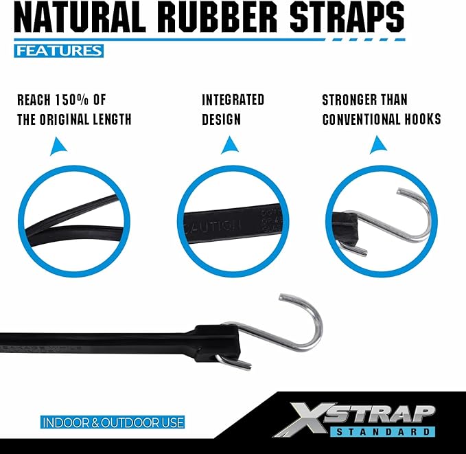 XSTRAP STANDARD 21" 100% EPDM Natural Rubber Tarp Straps, Black Long Bungee Cords with Metal S Hooks Tie Down Straps for Outdoor, Tarp Covers, Canvas Canopies, Motorcycle, and Cargo - 20 Pack