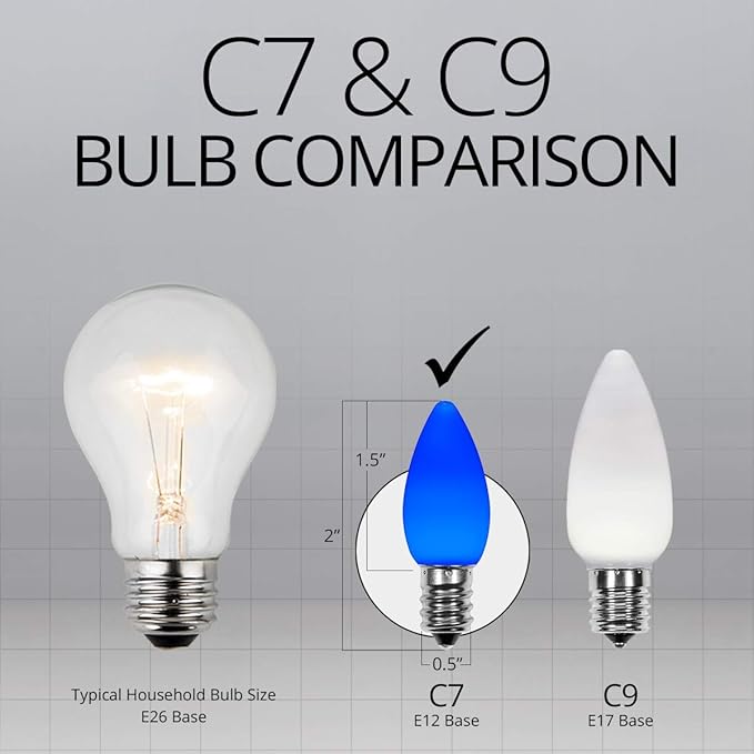 Wintergreen Lighting OptiCore C7 LED Christmas Light Bulbs - 25 Pack Heavy Duty Premium Outdoor Christmas Lights, E12 Base (Blue Smooth)