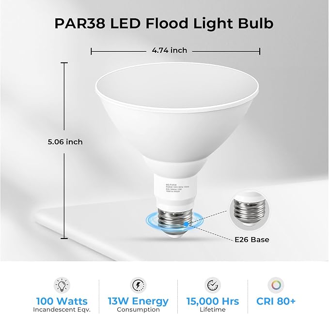 10 Pack PAR38 LED Outdoor Flood Light Bulbs, 100W Equivalent, 5000K Daylight White, Dimmable Waterproof LED Floodlight for Porch Yard Garage, E26 Base 1050LM, 13W, 15,000 Hrs