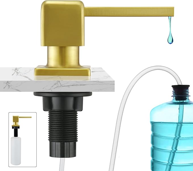 CREA Brushed Gold Soap Dispenser for Kitchen Sink, Kitchen Soap Dispenser Gold Square Built in Sink Soap Dispenser for Bathroom with 17 OZ Bottle