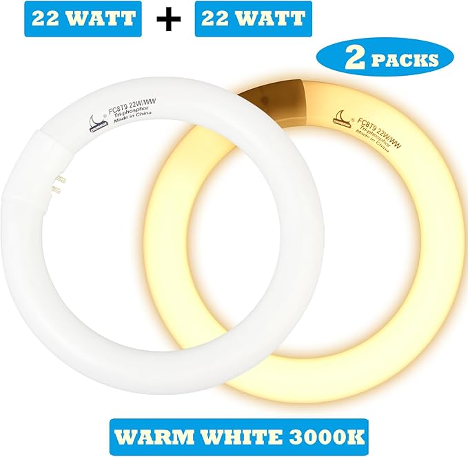 FC8T9/KB 22W Round Light Bulb, 8 Inch T9 22 Watt Circular Fluorescent Light Bulbs, Replacement Circline Fluorescent Lamp, Warm White 3000K 1400 Lumens, G10q 4 Pin Prong, 2 Pack