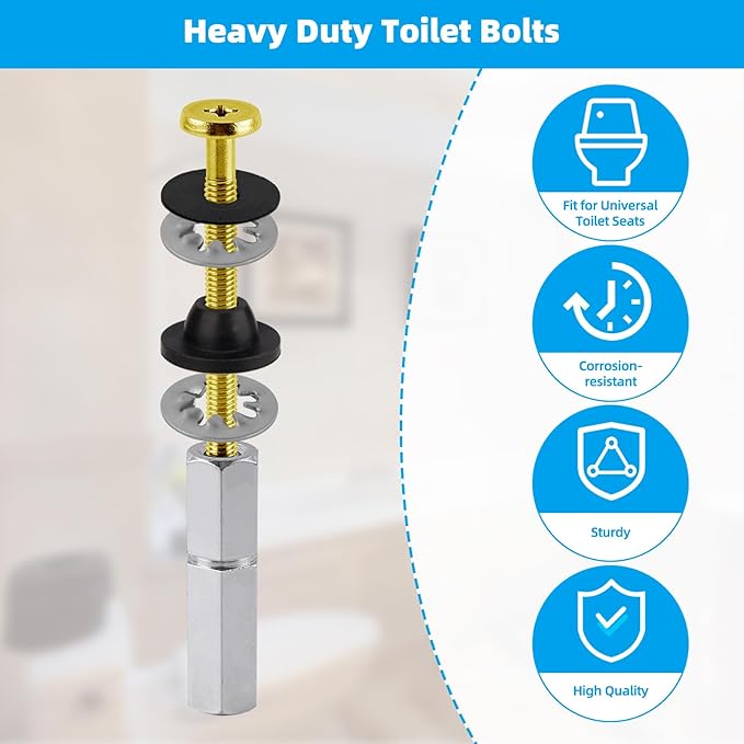 Hibbent 4 PCS Universal Toilet Seat Bolts Kit, Heavy Duty Solid Brass Toilet Bolts with Extra Long Stainless Steel Downlock Nuts Rubber Washers Gaskets, Easy to Install - Bathroom Toilet Repair Screw