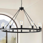 40” Farmhouse Wagon Wheel Chandelier,Black Rustic Chandelier 12-Lights Round Dining Room Light with Adjustable Height,Industrial Ceiling Light Fixtures for Kitchen,Foyer,Porch,Living Room