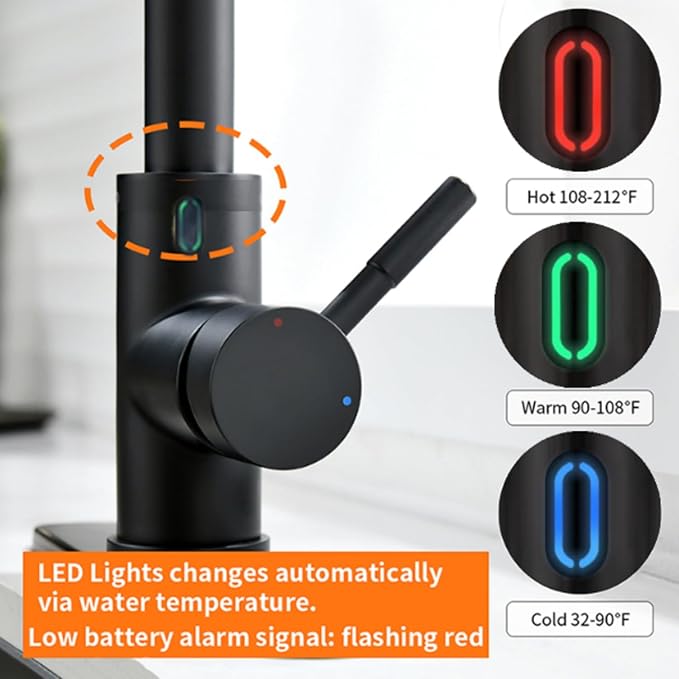 Touch-Less Kitchen Faucet, 3 Modes Pull Down Sprayer, LED Temperature Control,Sensor Activated,Ceramic Valve, 360-Degree Rotation, 1 or 3 Hole Deck Plate. 10-Year Warranty. (KW-78R, Black)