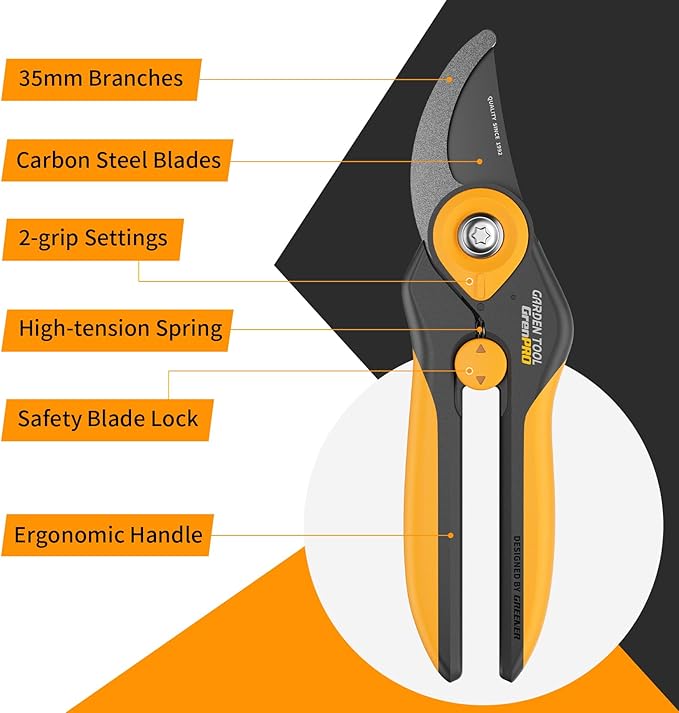 Bypass Pruning Shears 8.6", Heavy Duty Garden Clippers Handheld Cuts 1.38" Hardwood, Sharp SK5 Titanium Blades for Rust-Proof & Non-Stick, Ergonomic Garden Scissors for Plant Flower