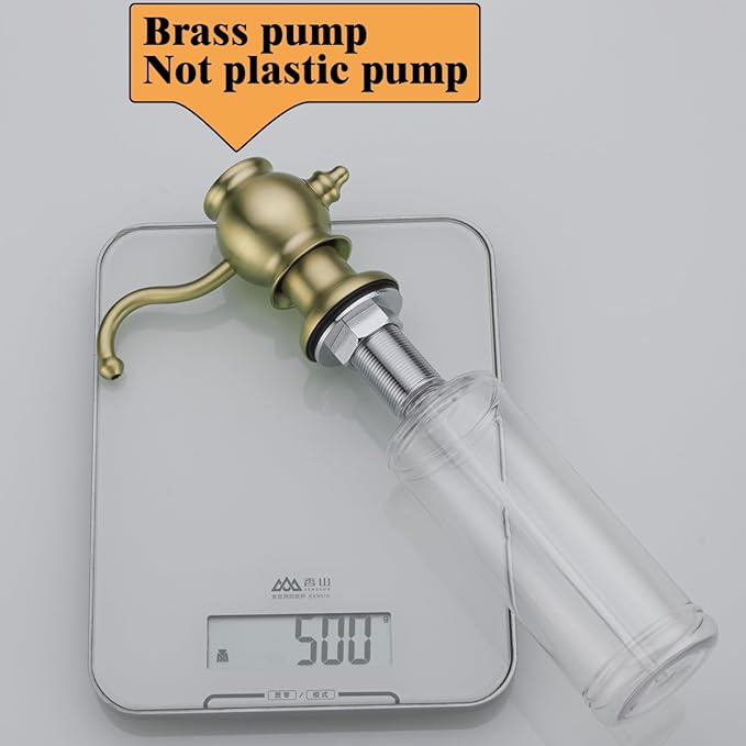 RANDOM Brushed Gold Soap Dispenser for Kitchen Sink,Built in Sink Soap Dispenser with Solid Brass Pump Head Soap Dispenser Extension Tube Kit and 11 Ounce Large PET Liquid Soap Bottle.RD84038BG